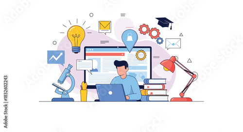 A student engaged in e-learning at his desk with a laptop and books surrounded by educational icons and modern technology.