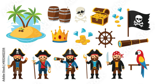 A large collection of pirate-themed cartoon icons including captains a treasure chest and a tropical island for adventure.