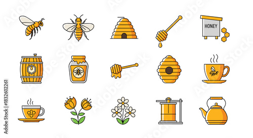 A sweet collection of honey and beekeeping icons in a colorful line art style including bees a hive and a honey jar.