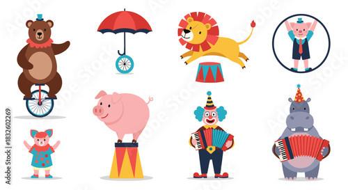 A fun collection of cute cartoon circus animals and a clown performing various entertaining acts for a show or party.