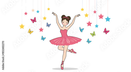 An elegant young ballerina in a pink tutu gracefully dances on her toes surrounded by colorful stars and beautiful butterflies.