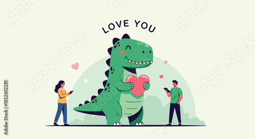 A giant friendly dinosaur holds a pink heart for a couple with the message Love You in a sweet romantic illustration.