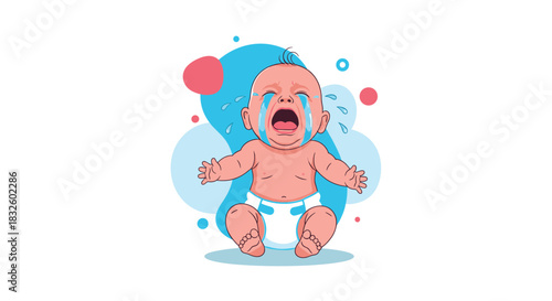 A cute cartoon baby in a diaper is sitting and crying very loudly with big tears streaming from its wide open mouth.