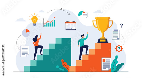 Two business professionals climb separate stairs towards a large golden trophy symbolizing competition and achieving success.