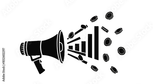 Megaphone loudspeaker broadcasting sound waves and bars graph coming out, symbolizing communication, marketing, and data analysis in a modern business setting