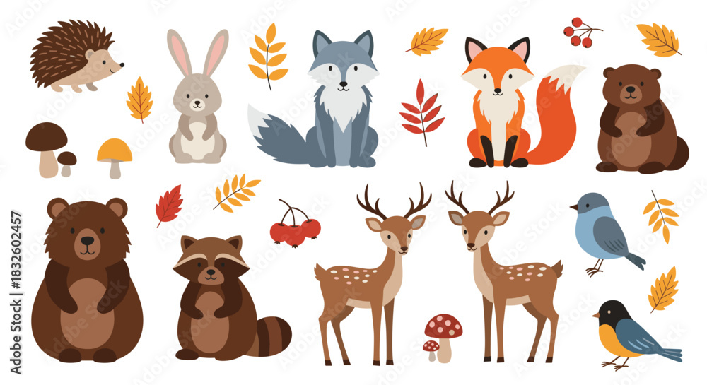 Obraz premium A charming collection of cute woodland animals for autumn including a fox deer bear and raccoon with colorful fall leaves.
