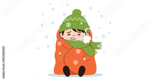 A young child wrapped in a warm blanket and wearing a hat shivers from the cold while sitting outside in the falling snow.