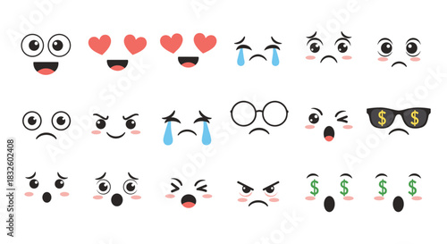 A large collection of cute and simple cartoon emoticon faces showing a variety of expressions like happiness sadness and love.