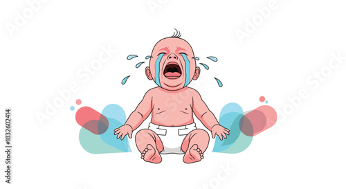 An unhappy baby sitting in a diaper and crying loudly with large tears streaming down its face expressing sadness or discomfort.