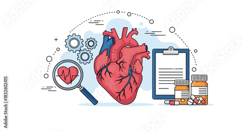 A medical illustration of a human heart surrounded by cardiology icons like a clipboard pills and a magnifying glass with a beat.