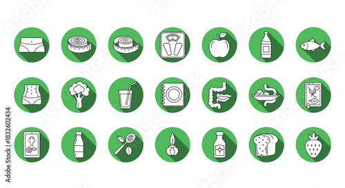 A comprehensive set of white silhouette icons on green circles representing diet healthy eating and weight loss concepts.