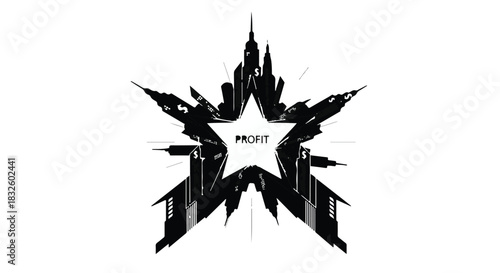 Modern city skyscrapers with starburst design and profit concept in urban financial district illustration