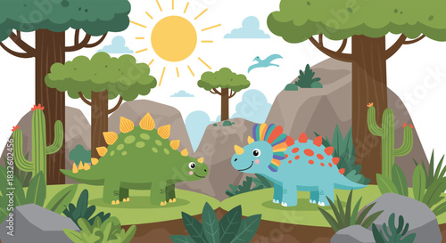 Two friendly cartoon dinosaurs a stegosaurus and a ceratopsian stand in a lush prehistoric jungle under a bright shining sun.