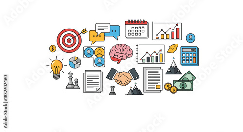 A collection of colorful business and project management icons including a target brain handshake and financial graphs for strategy.