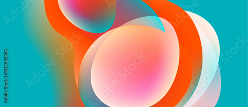 Abstract fluid shapes blend, creating vibrant color gradients. Orange, turquoise, pink hues dominate composition. Smooth transitions define forms.