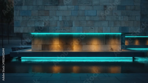 Monolithic stone facade with glowing cyan LED strips sunk between blocks soft side-light during early dawn creating low