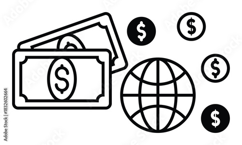 Global Money Transfer Icon with Dollar Banknotes, Coins, and World Globe Outline