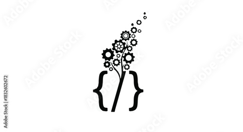 Creative coding concept with gears growing into a digital plant