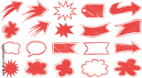 Red Hand-Drawn Sketch Elements Set Arrows, Starbursts, Speech Bubbles and Banners