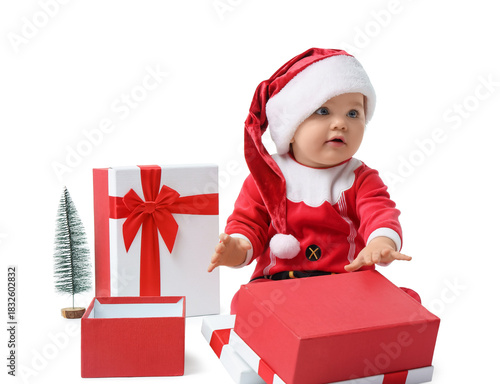 Cute little baby in Santa c...