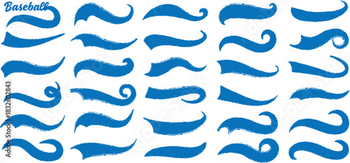 Swoosh and swash tails line collection. Swooshes text tail for baseball design. Typography tails shape for football or athletics sport team sign text. Blue and Yellow color swoosh