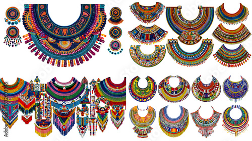 Vibrant beaded necklace designs with rich colors, traditional craftsmanship, and intricate tribal patterns ideal for cultural fashion themes and decorative artwork.