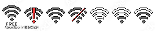 Set Pixel Wifi Vector Ideal for gaming interfaces, internet, network, and connection graphics in a simple, retro 8-bit style. Symbolizes wireless access, connectivity, and digital signal.