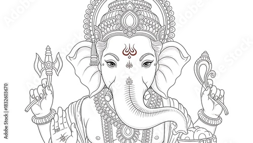 Line Art Illustration of Hindu Deity Ganesha with Elephant Head and Multiple Arms in Sacred Attire