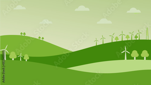 Green landscape with rolling hills, wind turbines, trees, and clouds in a simple, flat vector style