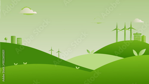 A green landscape featuring rolling hills, wind turbines, buildings, and clouds in a stylized design