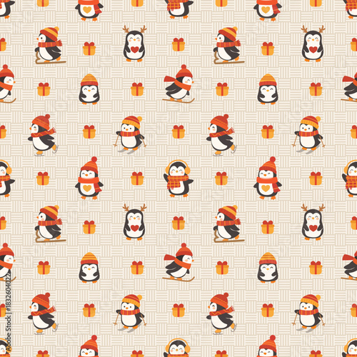 Penguin pattern with a Winter and Christmas/New Year theme. Warm tones such as tan/cream for the background, red and orange/yellow for the penguin set and gifts. Perfect for use as wrapping paper