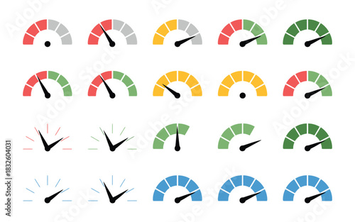 Speedometer icon set,  performance dials, power level indicators, dashboard infographic chart with arrows, high medium low risk controls, progress scale and measurement symbols