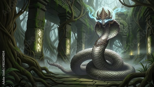 Mythical Serpent with Dragon Head in Mystical Forest Scene
