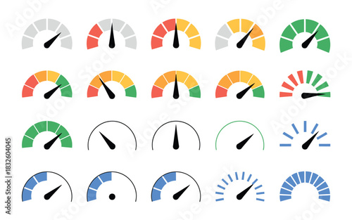 Speedometer icon set, performance level gauge vector illustration, power measurement symbols, dashboard infographic charts with arrow indicators, risk control panel for high medium low levels, 