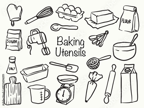 Set of hand drawn baking utensils doodle line art illustration