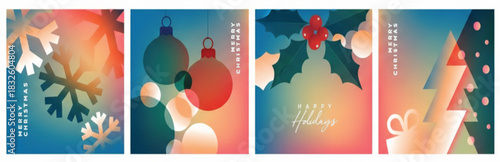 A vibrant collection of four distinct holiday greeting card illustrations utilizing a warm gradient background with cool blue and orange tones, perfect for festive greetings.