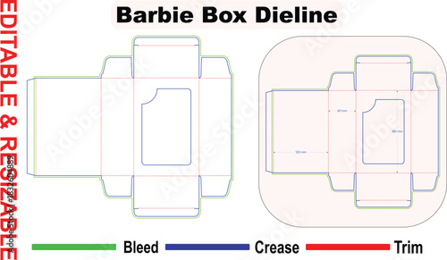 Editable toy doll packaging box dieline template – resizable vector die cut layout with bleed trim and crease lines – print ready retail window carton package design mockup