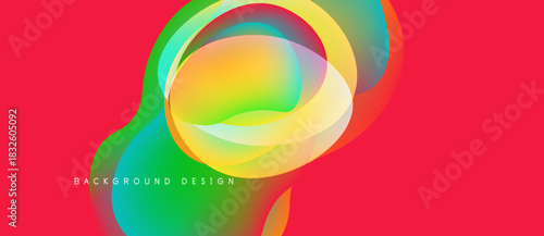 Abstract vibrant design features flowing colorful shapes. Red background enhances dynamic visual impact. Modern aesthetic.