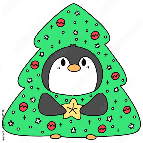 Penguin Wearing A Christmas Tree Costume - Line Color