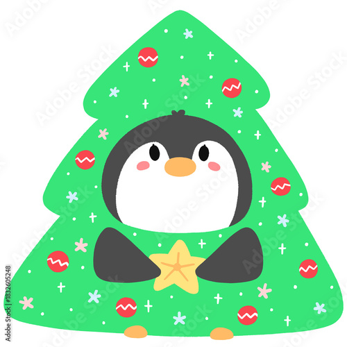 Penguin Wearing A Christmas Tree Costume - No Line