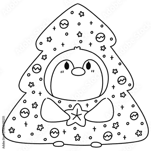 Penguin Wearing A Christmas Tree Costume - Outline