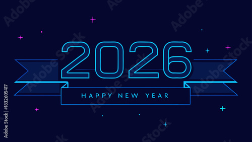 Happy new year celebration for year two thousand twenty six with banner and stars on a dark blue background