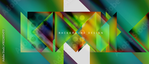 Abstract geometric shapes, vibrant colors blend. Modern design features triangles, circles, gradients. Background suggests dynamic visual experience.