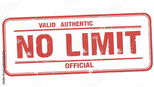 Red Grunge Rubber Stamp with "NO LIMIT" message. Valid, Authentic, Official Vector Graphic on white.