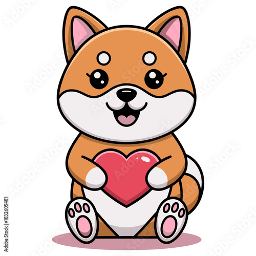 Adorable Shiba Inu Holding a Heart A Valentines Day Cartoon.