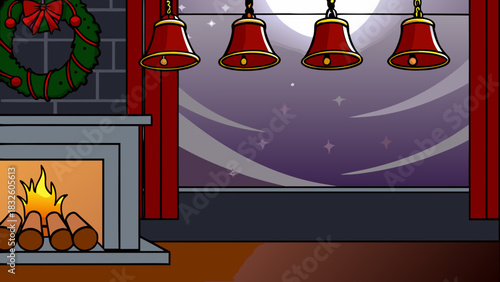 A christmas themed room with a fireplace wreath and hanging bells in front of a starry window view