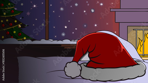 Santa hat on a bed with a christmas tree by the window and a lit fireplace in the background scene