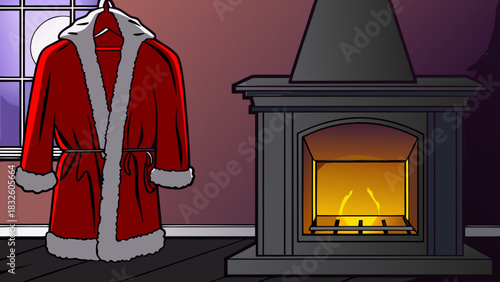 Santa coat hanging near a fireplace with a moon outside the window in a christmas eve scene night
