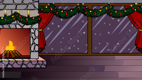 A cozy christmas scene with a fireplace and garland draped windows showing falling snow outside view 100