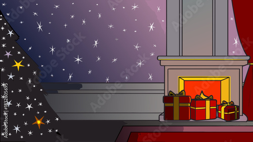Illustration of a christmas tree presents and a fireplace with a starry night background indoors scene